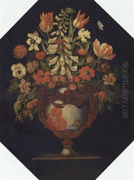 A Foxglove, Parrot Tulips, Poppies, Daffodils, Chrysanthemums And Other Flowers In An Ormolu-mounted Urn On A Pedestal - view 1
