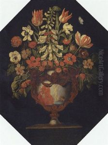A Foxglove, Parrot Tulips, Poppies, Daffodils, Chrysanthemums And Other Flowers In An Ormolu-mounted Urn On A Pedestal by Giacomo Recco