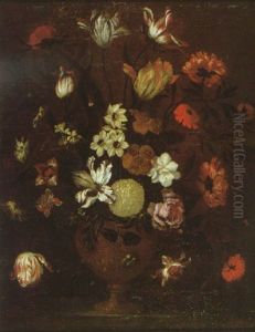 A Still Life Of Parrot Tulips, Narcissi, A Poppy And Other Flowers In A Sculpted Bronze Vase On A Stone Ledge