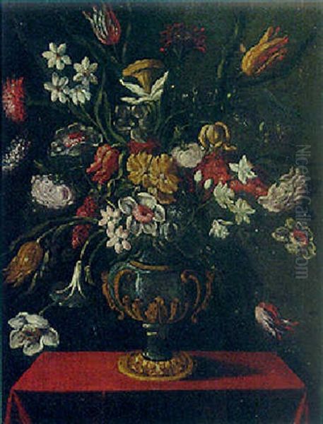 Flowers In A Silver-gilt Urn On A Draped Table - view 1