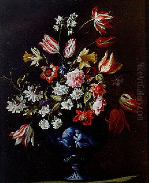 Still Life With Tulips, Anemone, Daffodils And Other Flowers In A Vase On A Stone Ledge - view 1