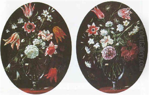 Still Life Of Variegated Tulips And Others Flowers In A Glass Vase - view 1