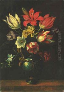Tulips, A Daffodil And Other Flowers In An Urn by Giacomo Recco
