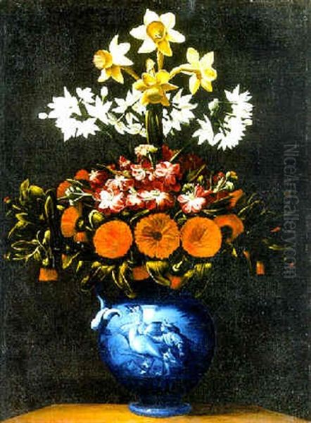 Flowers In A Blue Porcelain Vase On A Stone Ledge - view 1