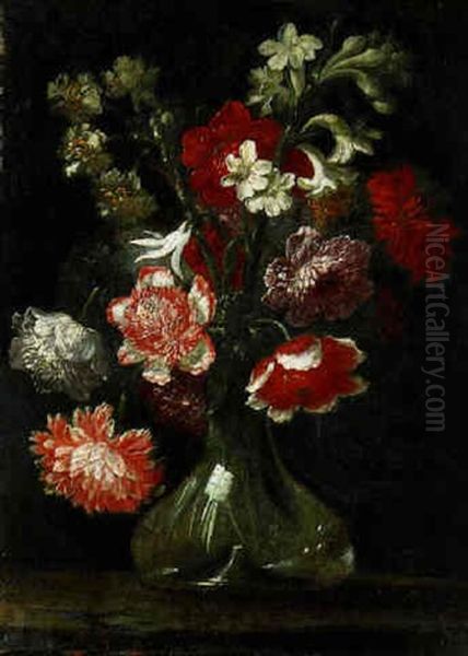 Narcissi, A Tuberose, And Other Flowers In A Glass Vase On A Ledge - view 1