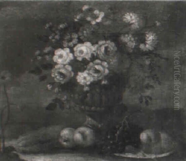 Flowers In A Sculpted Urn With Fruit On A Plate In A Landscape - view 1