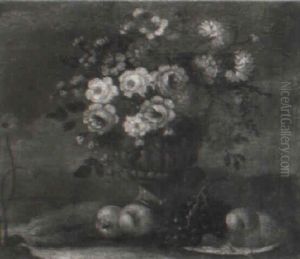 Flowers In A Sculpted Urn With Fruit On A Plate In A Landscape