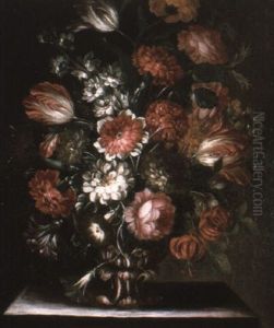 Parrot-tulips, Carnations And Other Flowers In A Sculpted Urn by Giacomo Recco