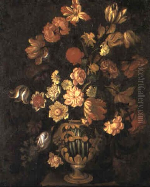 Tulips And Other Flowers In A Vase On A Stone Plinth With Masks - view 1