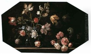 A Still Life Of Flowers Including Tulips, Stephanosis, And Carnations In A Glass Vase Upon A Stone Ledge With A Posy by Giacomo Recco