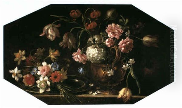 A Still Life Of Flowers Including Tulips, Lilies And Roses In A Gilt Urn Upon A Ledge With A Posy Of Daffodils And - view 1