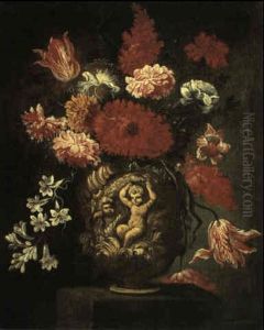 A Still Life Of Flowers Including Salvias, Tulips,          Carnations And Stephanotis In An Ornamental Urn On A Stone