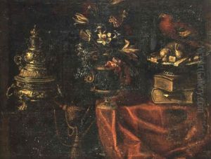 Nature Morte Au Bouquet De Fleurs Et Aux Pieces             D'orfevrerie