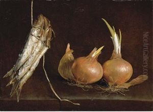 Sardines Suspended From Twine And Onions On A Stone Ledge