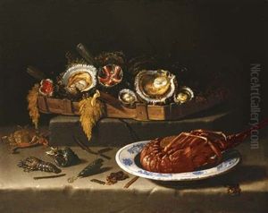 Shellfish In A Basket, A Lobster In A Bowl And Shells, A Crayfish And A Crab On A Stone Ledge