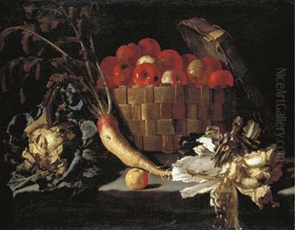 Apples In A Wicker Basket, With A Cabbage, Parsnip, Lettuce And An Apple On A Stone Ledge - view 1