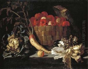 Apples In A Wicker Basket, With A Cabbage, Parsnip, Lettuce And An Apple On A Stone Ledge by Giovanni Battista Recco
