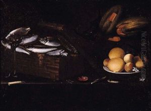 Still Life Of Fish And Squid In A Basket, Oranges And Peaches On A Plate, Together With Melons And A Knife, Arranged Upon A Table Top