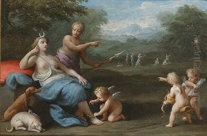 Diana With An Attendant And Putti In A Landscape With An Archery Match Beyond