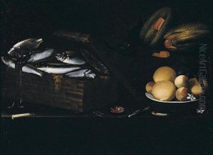 Still Life Of Fish And Squid In A Basket, Oranges And Peaches On A Plate, Together With Melons And A Knife, Arranged Upon A Table-top