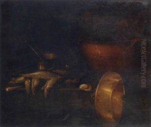 An Earthenware Jar Containing Artichokes, A Bottle, A Brass Pestle And Mortar, With Fish And Oysters On A Stone Ledge by Giovanni Battista Recco