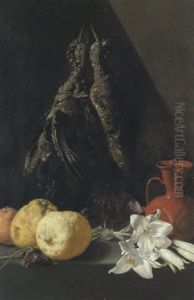 Natura Morta Con Uccelli Appesi, Cedri, Gigli E Una Brocca Su Un Ripiano by Giovanni Battista Recco