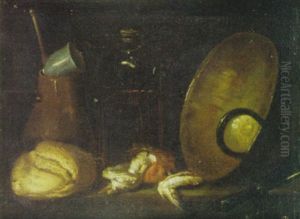 Bodegon Con Pan, Jicara Y Recipientes De Cobre Sobre Una Repisa