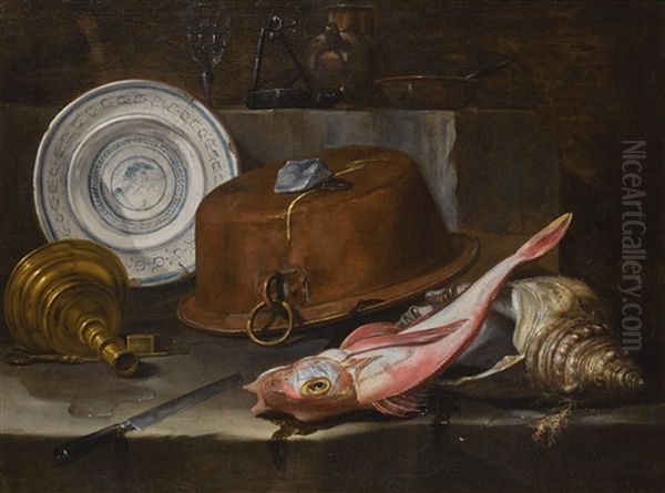 Still Life Of A Red Gurnard And Shell On A Stone Ledge, Before An Upturned Copper Pot And Platter - view 1