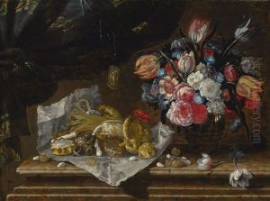 Still Life Of A Vase Of Flowers And Sweets