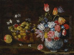 Still Life Of A Vase Of Flowers And Glass Bowl With Fruit by Giuseppe Recco