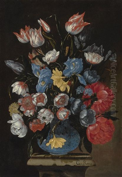 Still Life Of Anemones, Tulips, Dahlias And Other Flowers In A Glass Vase - view 1