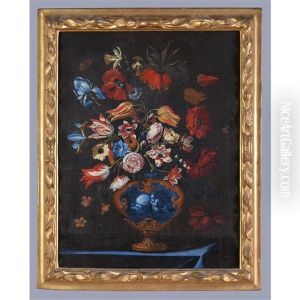 Still Life Of Flowers Including Poppies, Anenomes And Irises In A Blue Urn