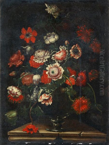 Poppies, Carnations And Other Flowers In A Glass Vase On A Stone Ledge - view 1