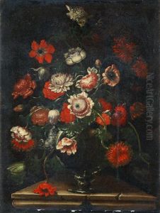 Poppies, Carnations And Other Flowers In A Glass Vase On A Stone Ledge by Giuseppe Recco