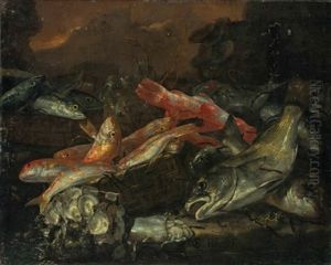 Fish And Oysters On A Wooden Table, A Landscape Beyond