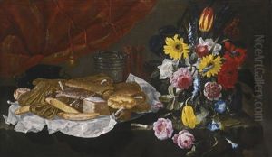 Still Life With Roses, Carnations, Tulips And Other Flowers In A Glass Vase, With Pastries And Sweetmeats On A Pewter Platter, On A Stone Ledge In Front Of A Red Curtain