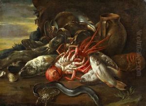 Fischstillleben In Weiter Landschaft by Giuseppe Recco