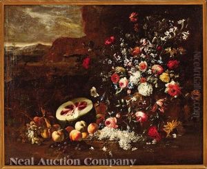 Still Life Of Flowers And Fruits In A Landscape Still Life Of Flowers And Fruits In A Landscape