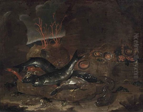 A Basket Of Fish, An Eel, Shellfish And Coral In A Cave - view 1