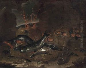A Basket Of Fish, An Eel, Shellfish And Coral In A Cave