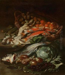 Stillleben Mit Fischen Und Fruchten In Einem Korb thumbnail