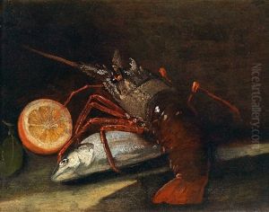 Fisch, Hummer Und Eine Halbe Zitrone Auf Einer Steinplatte Fisch, Hummer Und Eine Halbe Zitrone Auf Einer Steinplatte