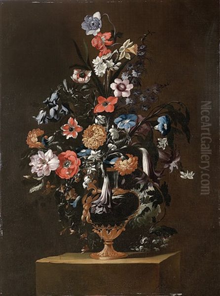 Rosen, Anemonen, Jasmin, Tagetes Und Andere Blumen In Einer Metallverzierten, Teilweise Vergoldeten Vase; Und Mohnbluten, Tagetes, Tulpen, Rittersporn Und Nelken In Einer Vase (pair) - view 1