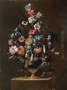 Rosen, Anemonen, Jasmin, Tagetes Und Andere Blumen In Einer Metallverzierten, Teilweise Vergoldeten Vase; Und Mohnbluten, Tagetes, Tulpen, Rittersporn Und Nelken In Einer Vase (pair) by Giuseppe Recco