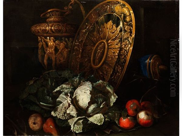 Grosses Stilleben Mit Goldenem Prunkgeschirr, Kohlkopf Und Fruchten - view 1