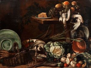 Grosses Kuchenstilleben Mit Gemuse, Geschirr, Korb, Totem Geflugel Und Trauben Grosses Kuchenstilleben Mit Gemuse, Geschirr, Korb, Totem Geflugel Und Trauben