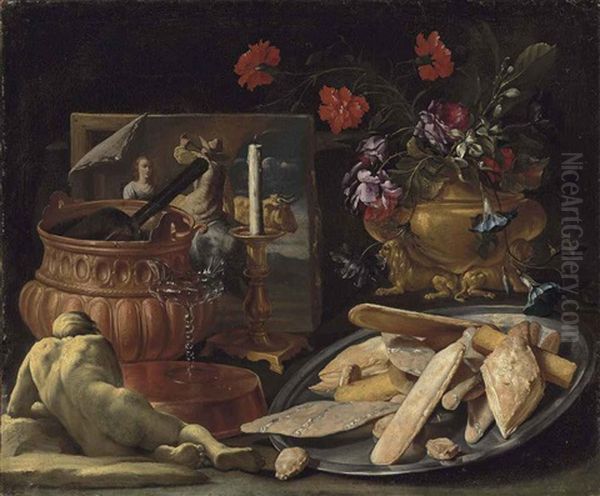 An Allegory Of The Five Senses: Roses, Carnations, Orange Blossoms And Morning Glory In A Sculpted Vase, With Pastries - Panetti, Pane Cafone... - view 1