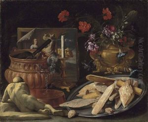 An Allegory Of The Five Senses: Roses, Carnations, Orange Blossoms And Morning Glory In A Sculpted Vase, With Pastries - Panetti, Pane Cafone... by Giuseppe Recco