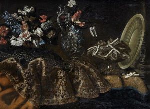 Tulips, Convolvulus, Carnations And Other Flowers In A Basket With A Silver-gilt Ewer And A Dish Of Sweetmeats On A Table-top Draped With Rugs by Giuseppe Recco