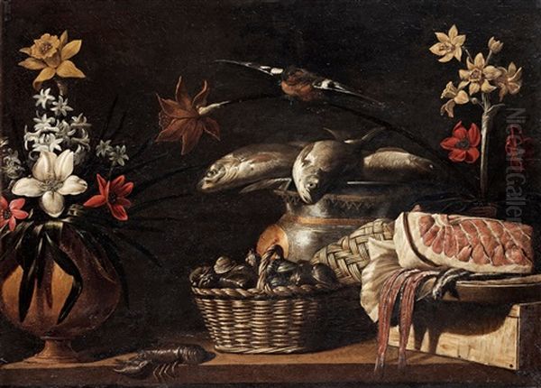 Stilleben Med Fiskar, Musslor, Krafta Och Blommor - view 1